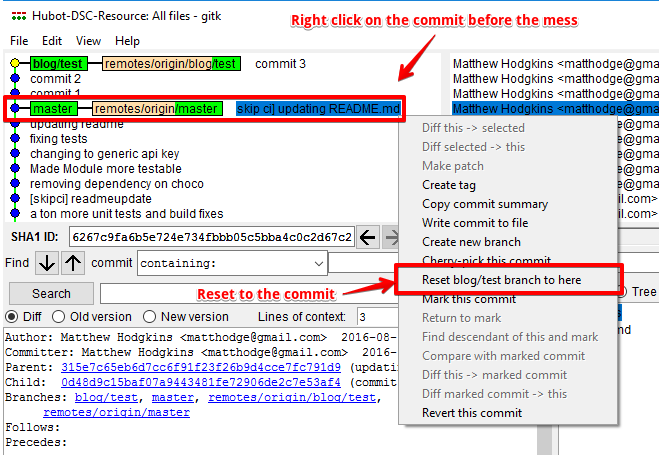 reset to the commit before the mess